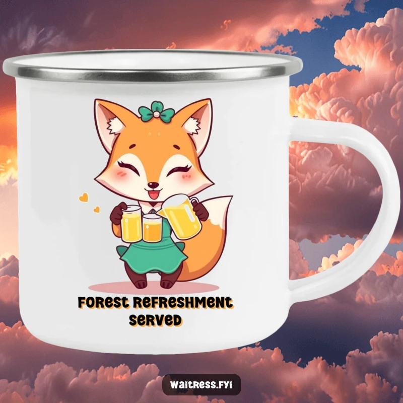 Funny Fox Waitress Camping Mug: Winking fox pouring juice, durable enamel mug for outdoor fun.