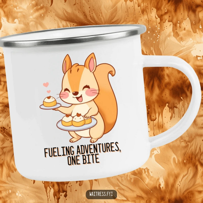 Funny Kawaii Squirrel Camping Mug: A cute squirrel character excitedly serves a spread of miniature pastries, perfect for outdoor enjoyment.