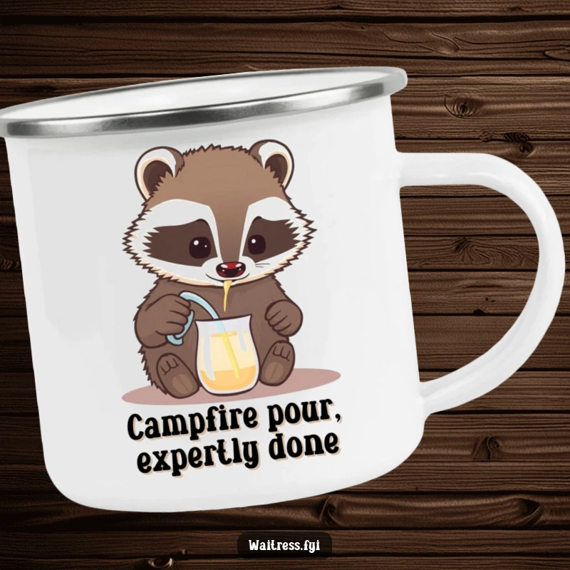 Funny badger camping mug, a brave badger pouring a drink from a tiny pitcher. Durable and humorous enamel mug for outdoors.