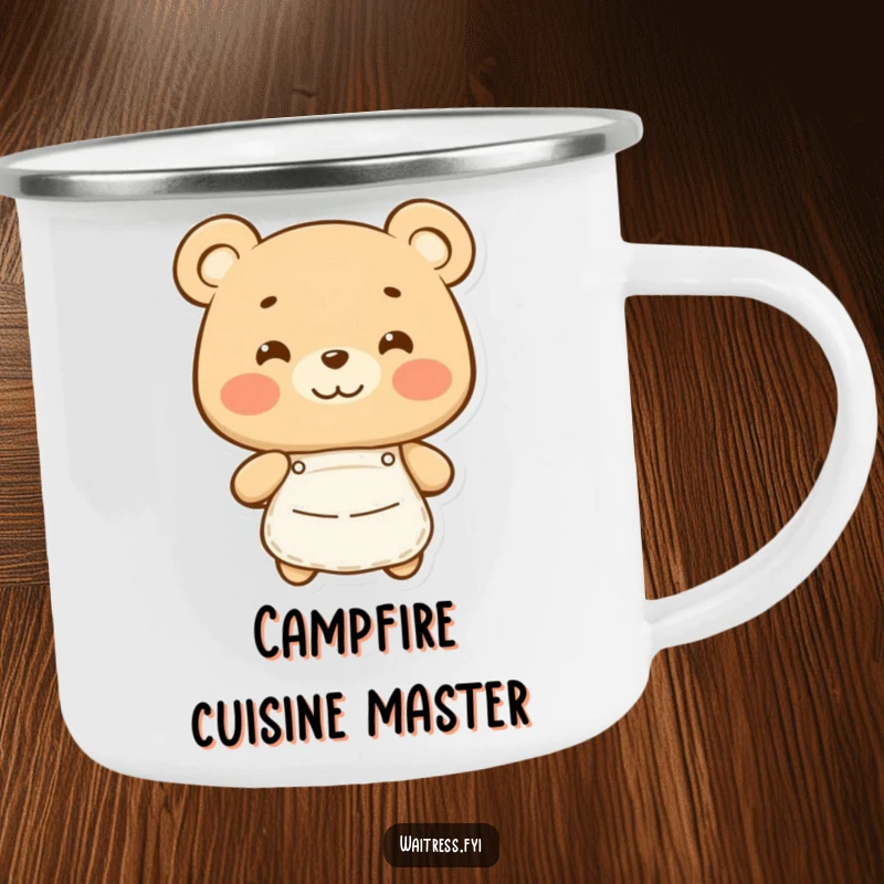 Funny Bear Camping Mug: Sturdy mug with a happy bear in an apron, symbolizing culinary warmth, a great funny gift.