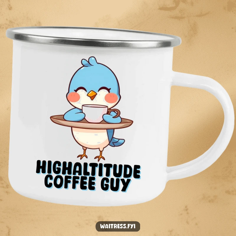 Funny blue bird character balancing a tray, winking as it presents a steaming cup on a camping mug, a funny outdoor gift.
