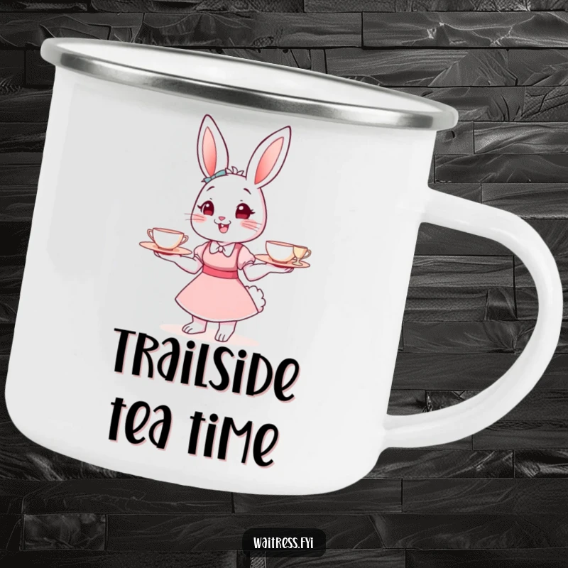 Funny Bunny Waitress Camping Mug with a cute bunny serving teacups, ideal for outdoor trips and as a funny gift.