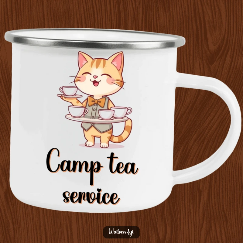 Funny Cat Waiter Camping Mug: A happy cat waiter in a bowtie balances a tray of teacups by a campfire.