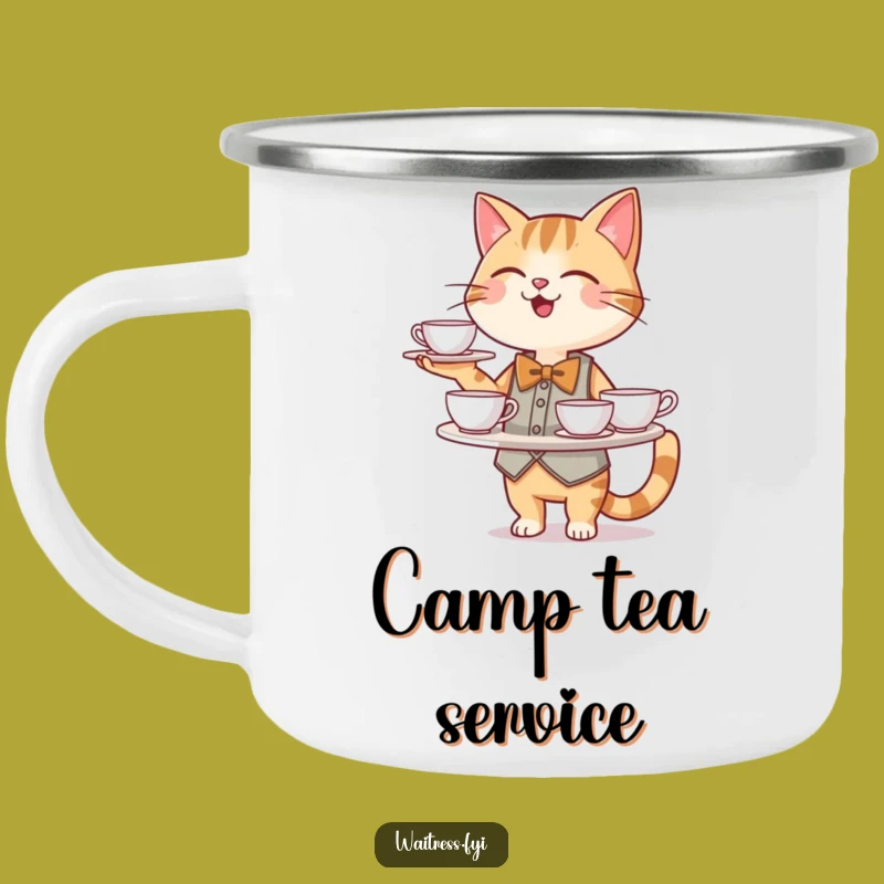 Funny Cat Waiter Camping Mug: Campfire Service - Refined Adventure Gift