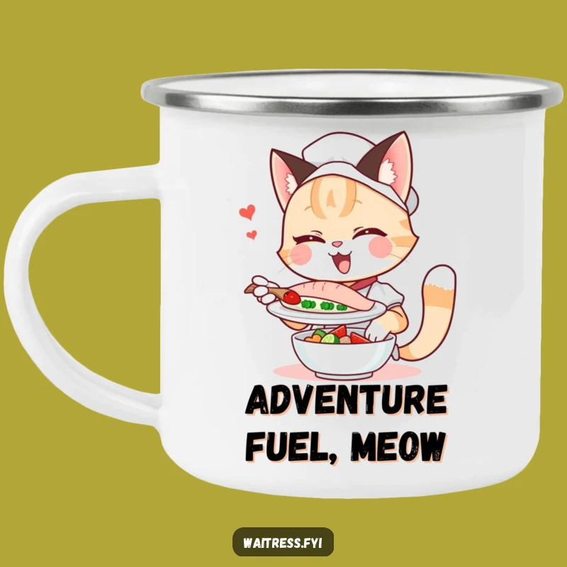 Funny Cat Waitress Camping Mug: Winking Feline Adventure, Hilarious Outdoor Gift