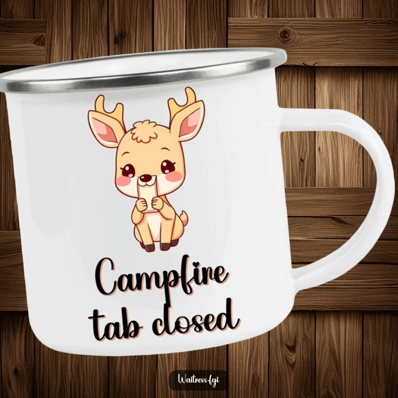 Funny Deer Camping Mug: Sturdy mug with a blushing deer presenting a bill, symbolizing politeness, a great funny gift.