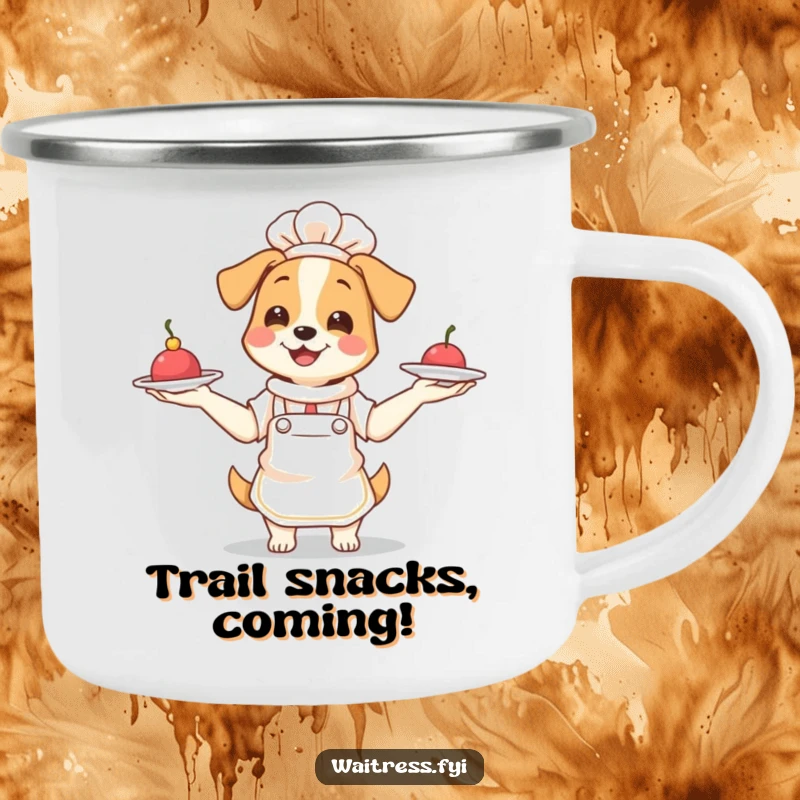 Funny Dog Waitress Camping Mug: Smiling dog waitress juggling plates, durable enamel mug for outdoor fun.