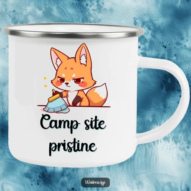 Funny playful fox character determinedly wiping a table on an enamel camping mug, designed for outdoor use and resilience.