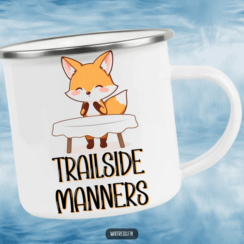 Funny camping mug featuring a blushing fox performing a polite curtsy while clearing a table, durable for outdoor use and charming.