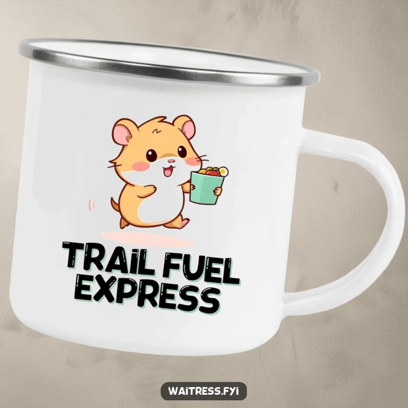 Funny camping mug depicting a hamster dashing with a food order, ready for outdoor adventures and quick energy boosts.