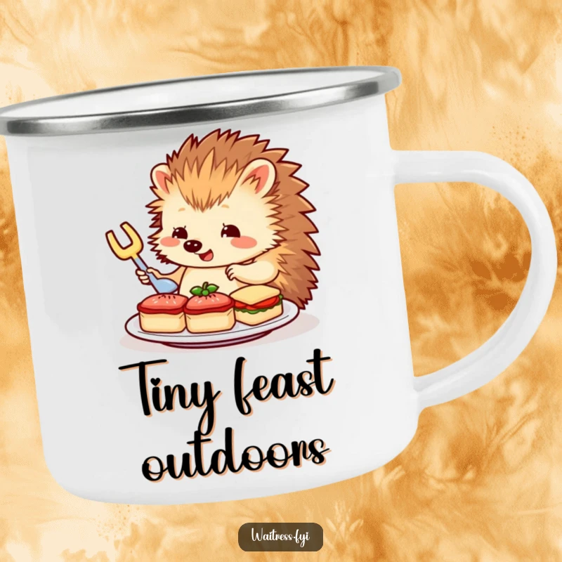 Funny Hedgehog Camping Mug: Features a charming hedgehog carefully arranging miniature sandwiches, ideal for sophisticated humor on the trail.