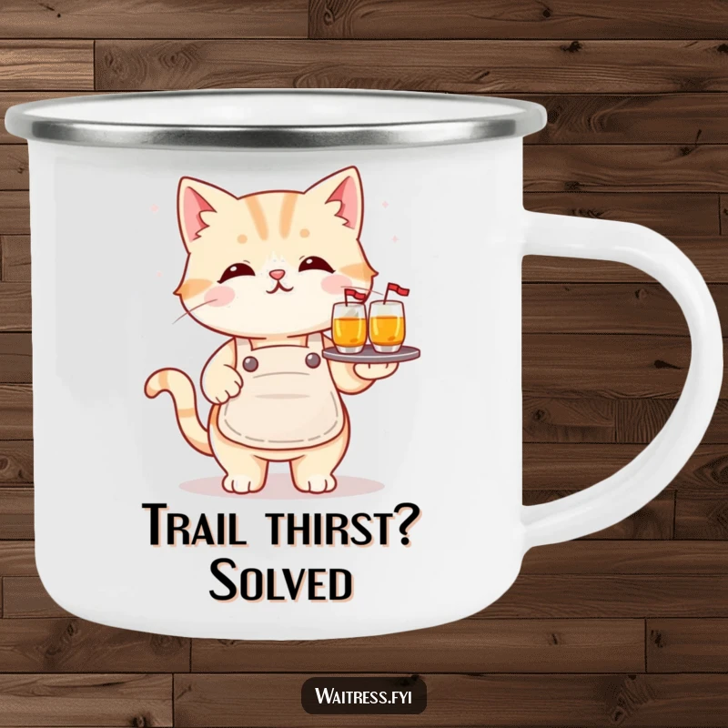 Funny kawaii cat camping mug showing a cute cat balancing drinks, perfect for campers and as a humorous funny gift.
