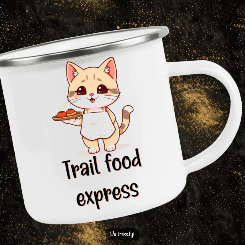 Funny Kawaii cat waiter camping mug with a cute cat in an apron balancing a food tray, for outdoor enjoyment.