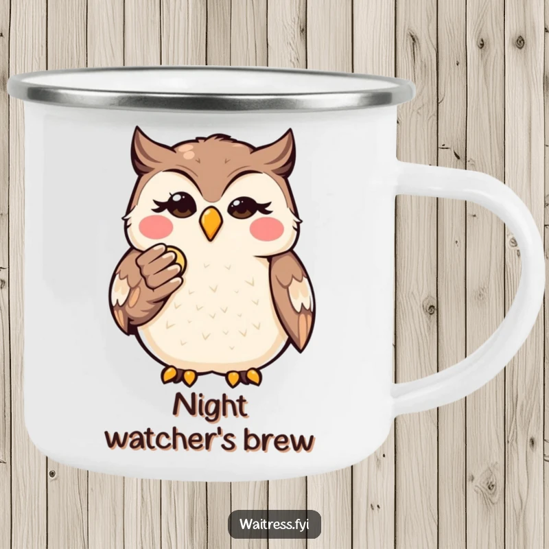 Funny Kawaii Owl Finance Camping Mug: Durable mug with a wise owl presenting a bill, perfect for adventurers and financial humor.