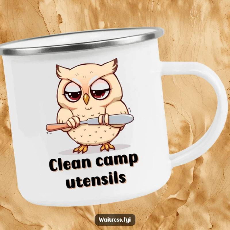 Funny Kawaii owl camping mug with a determined owl polishing silverware with focused eyes, for outdoor enjoyment.