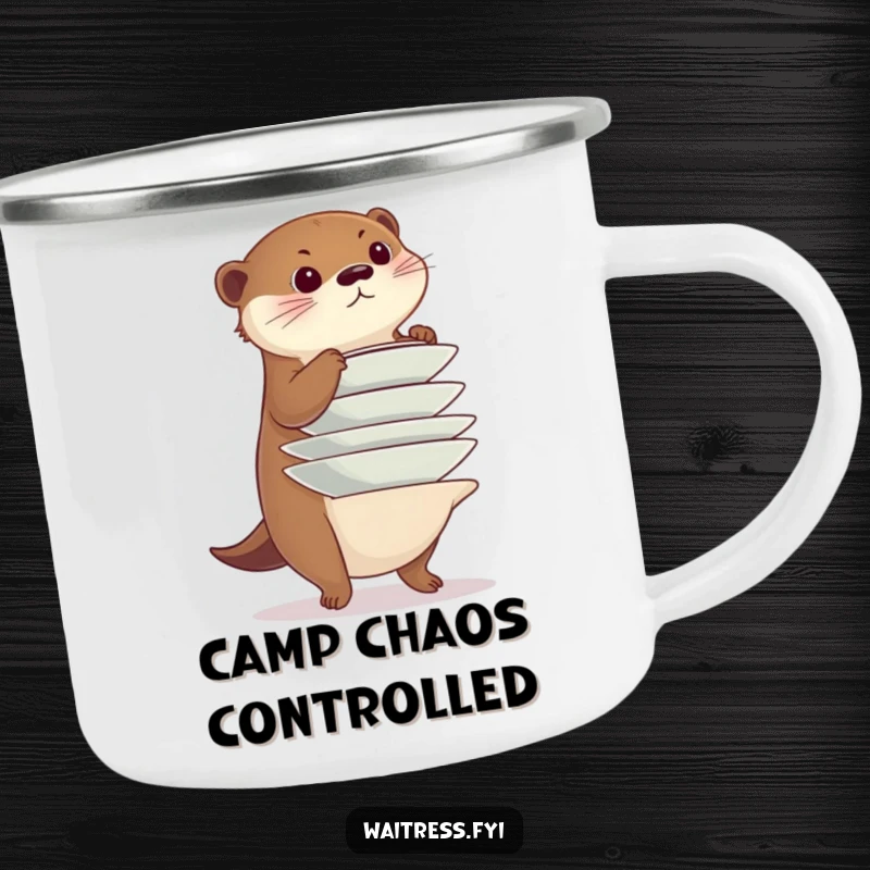 Funny otter camping mug, a diligent otter balancing a stack of plates precariously, ready for outdoor adventures and demonstrating focus.