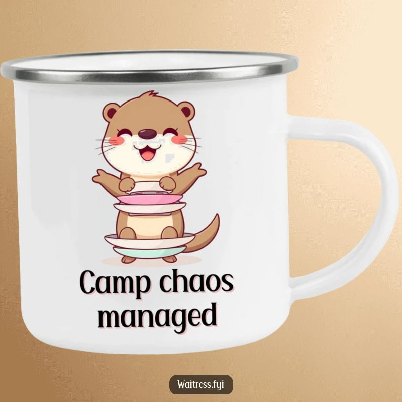 Funny cheerful otter character balancing a stack of imaginary plates on an enamel camping mug, designed for outdoor use.