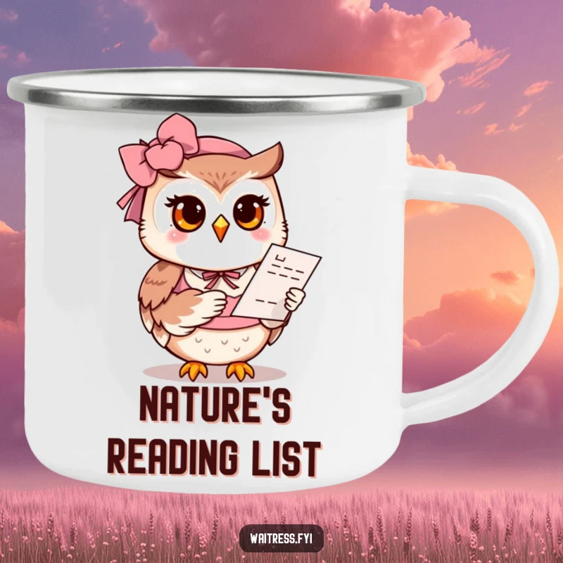 Funny Owl Camping Mug: A polite owl with a gentle smile offers a menu, ideal for serene humor on the trail.