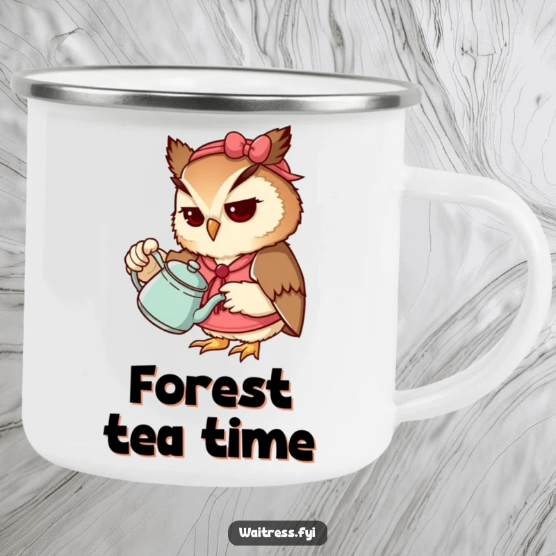 Funny Owl Waitress Camping Mug with a determined owl pouring tea, ideal for camping trips and as a funny gift.