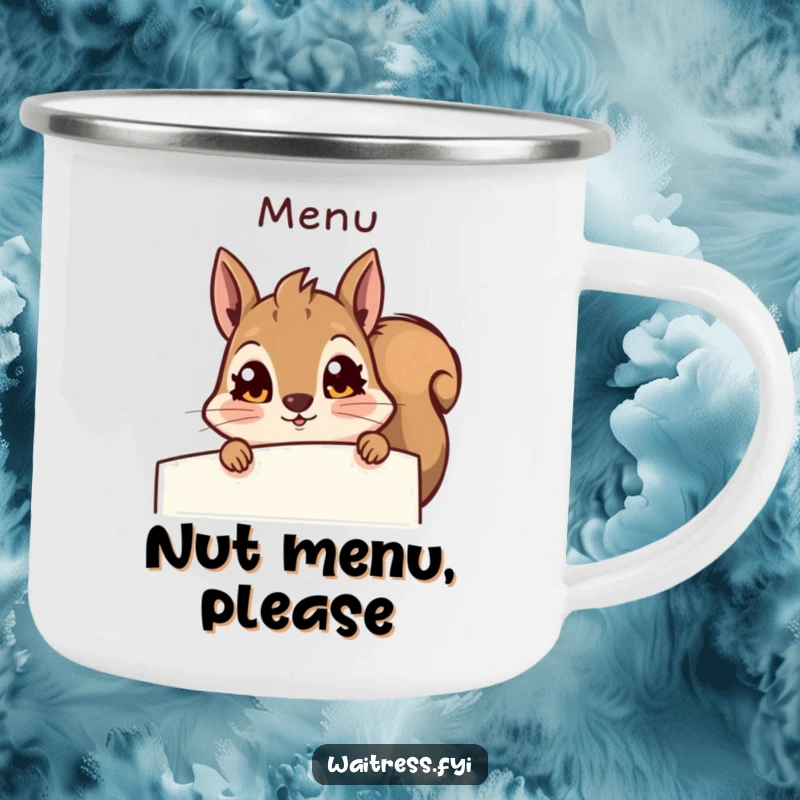 Funny squirrel camping mug, a surprised squirrel peeking from a menu, ready for outdoor enjoyment. Durable and humorous enamel mug.