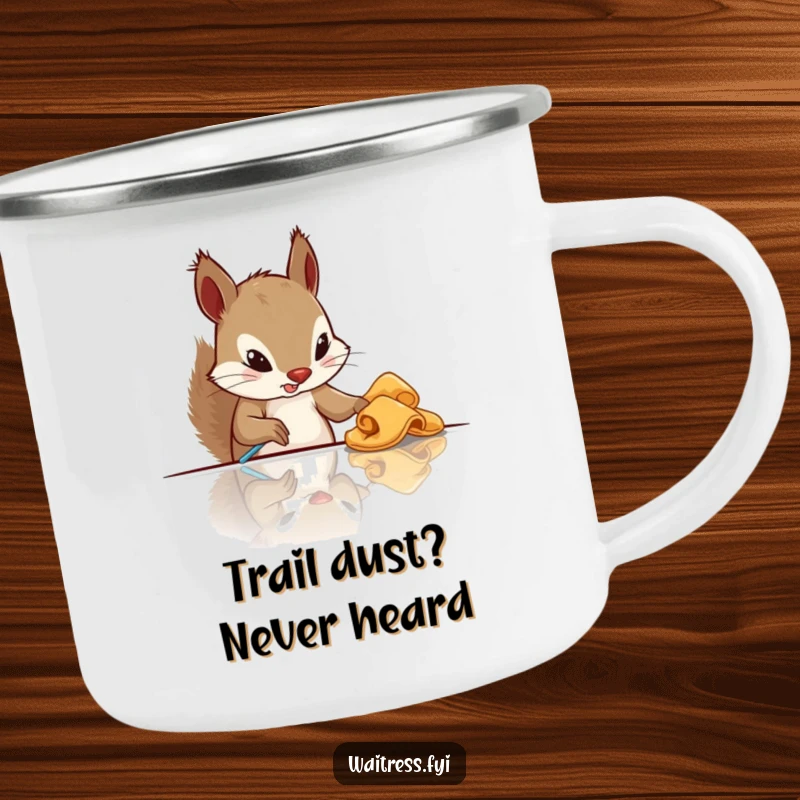 Funny squirrel camping mug showing a determined squirrel cleaning a table, a humorous addition to outdoor gear.