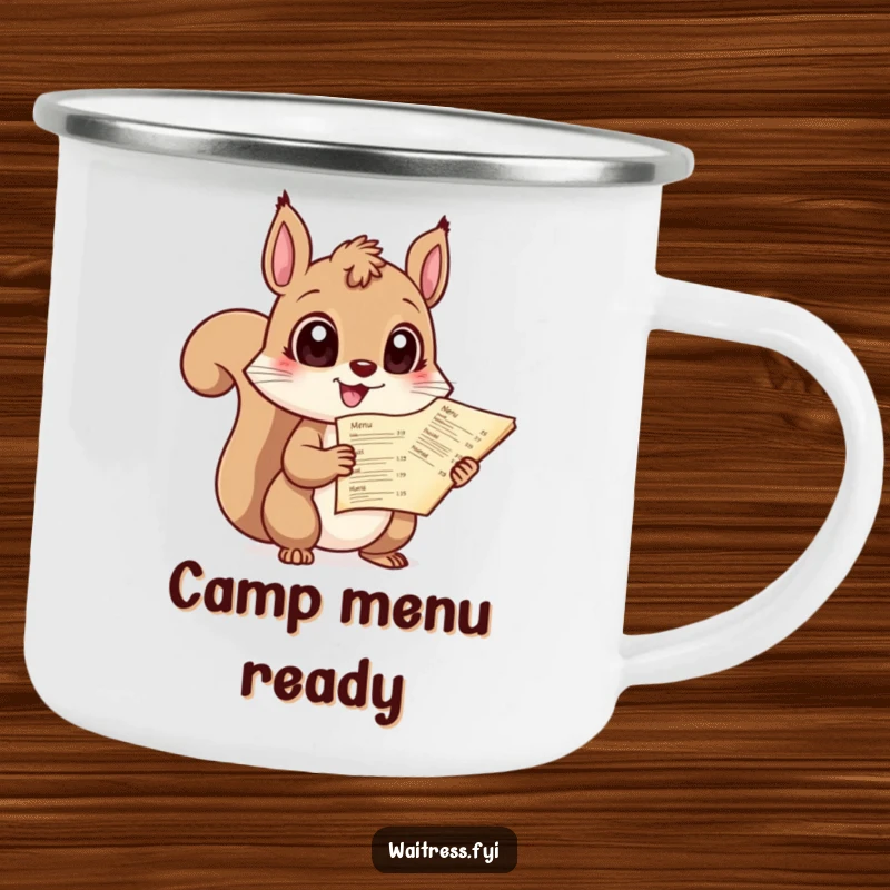 Funny camping mug with a giggling squirrel holding a menu, designed for outdoor enthusiasts who love cute humor.