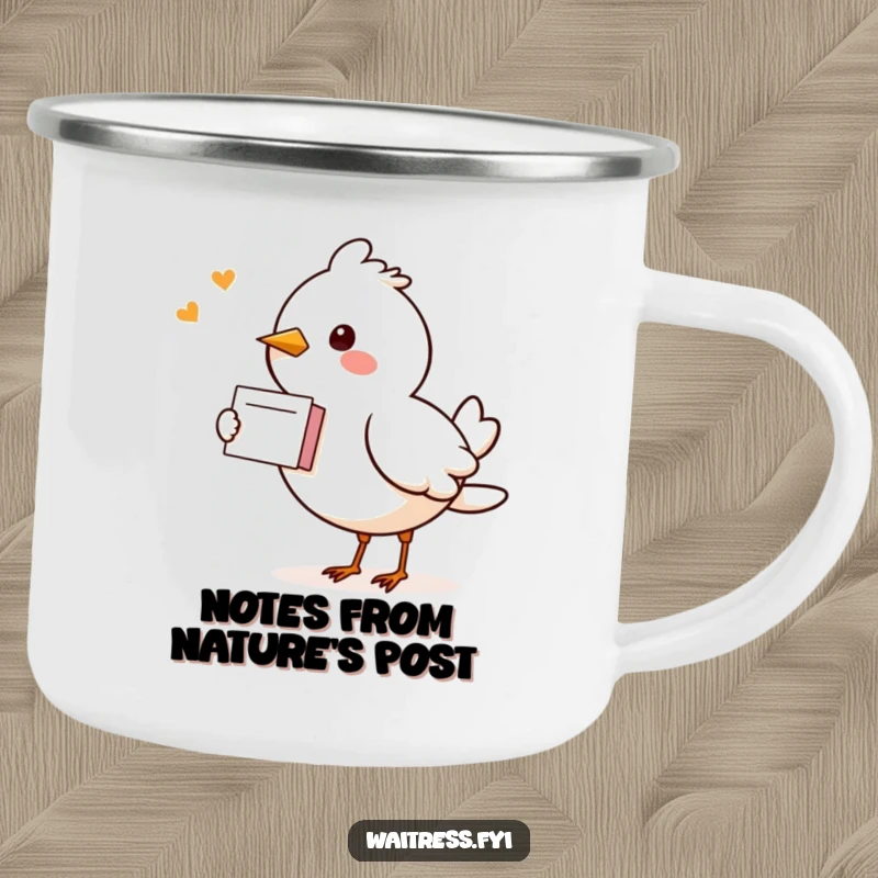 Funny Kawaii Bird Camping Mug: A cute bird delivering a note, ready to bring cheer to your outdoor coffee.