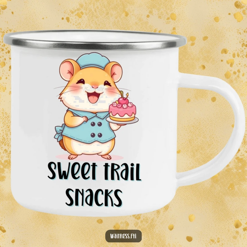 Funny Hamster Camping Mug: Features a perky hamster gleefully presenting a tiny cake, ideal for cheerful humor on the go.