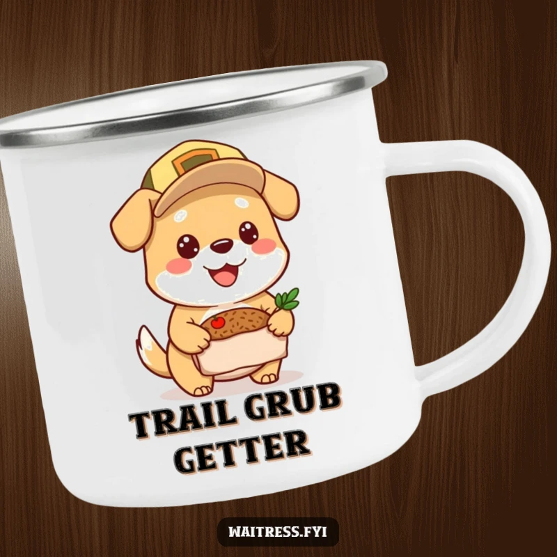 Funny Dog Camping Mug: Cheerful dog in a cap delivering a meal, great for outdoor fun, perfect funny gift.