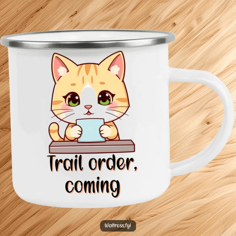 Funny Kawaii Cat Camping Mug: A cute cat in a server role, designed for outdoor adventures and polite sipping.