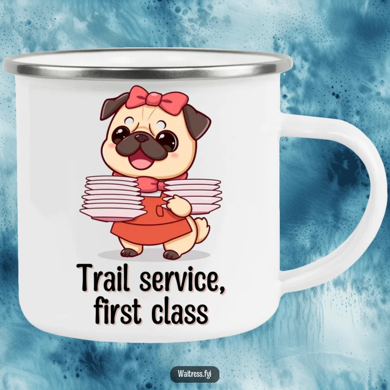 Funny Pug Waitress Camping Mug featuring a joyful pug balancing a stack of plates, designed for rugged outdoor use and smiles.