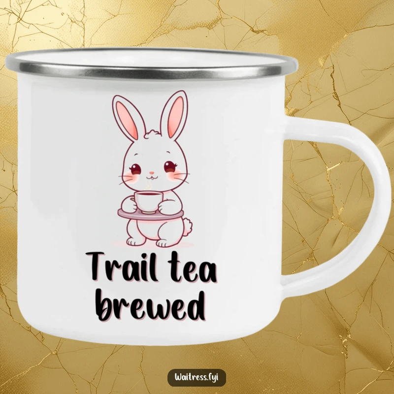 Funny bunny character holding a tea tray and teacup on an enamel camping mug, perfect for outdoor adventures and hot beverages.