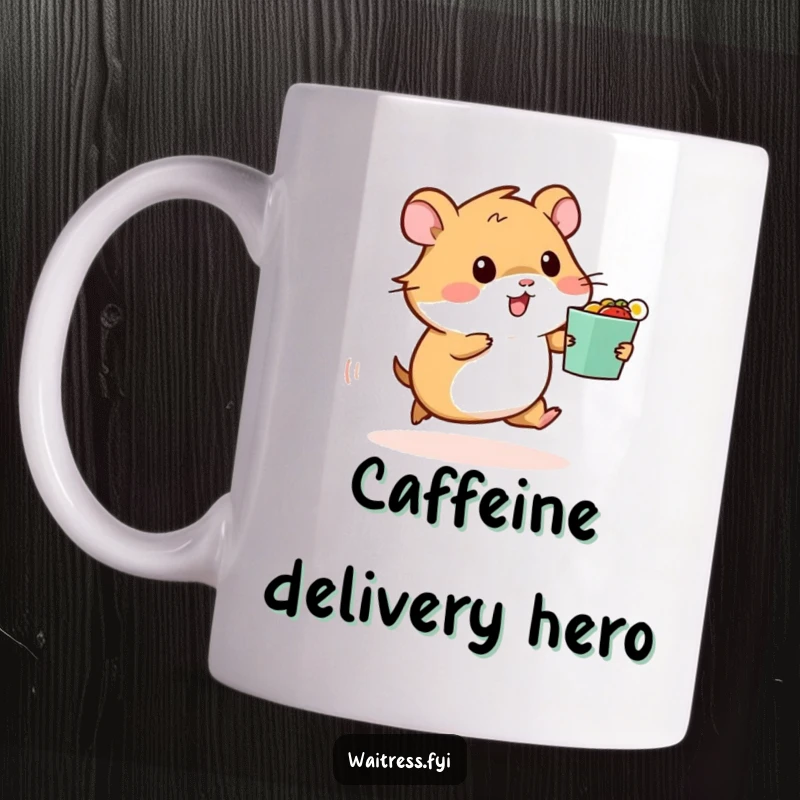 Funny mug showing a determined hamster dashing with a food order, capturing the hustle of delivery with humor.