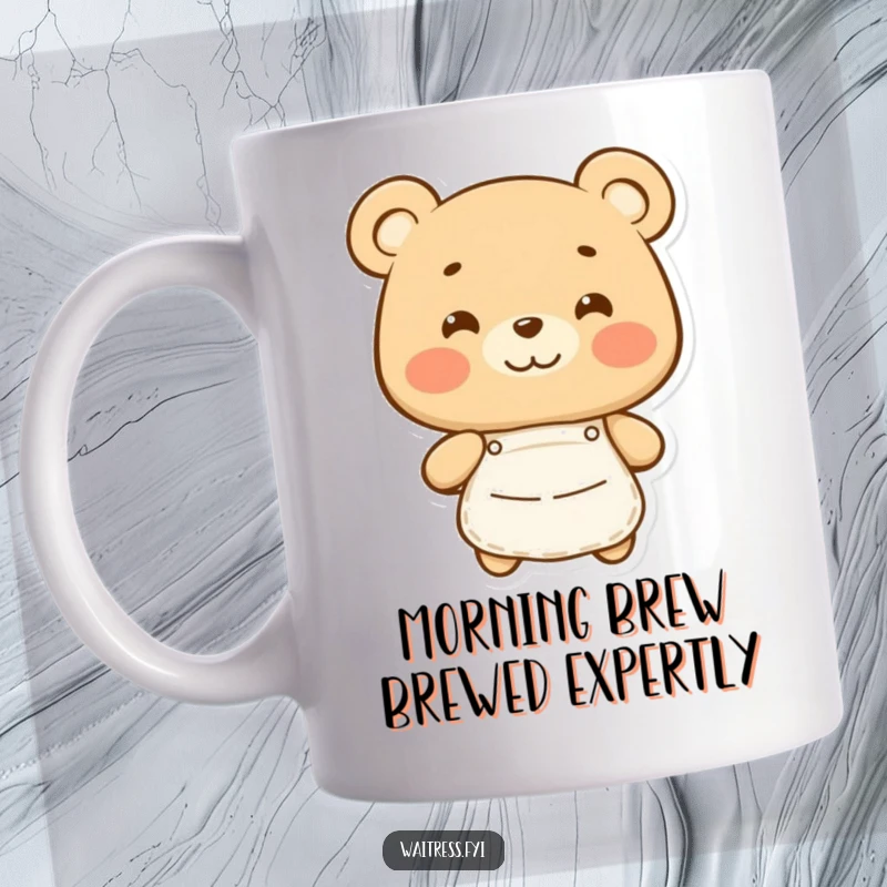 Funny Bear Mug: Happy bear character wearing a cute apron, symbolizing warmth and cooking, perfect for a funny gift.
