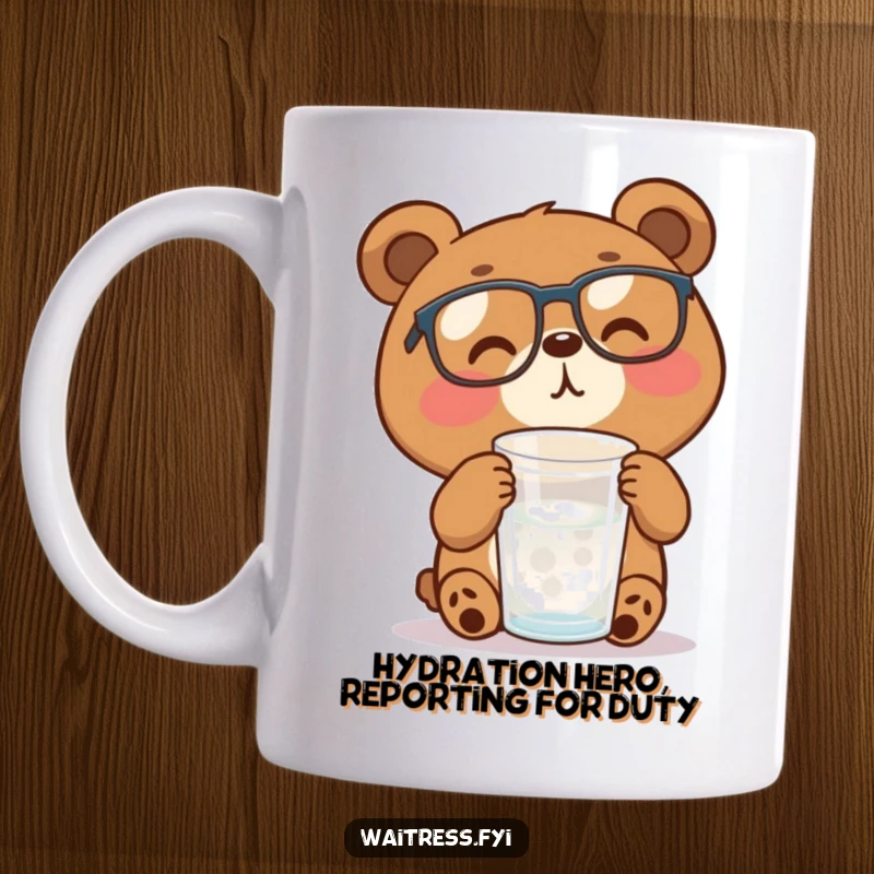 Funny brown bear with glasses cheerfully refills a water glass, embodying helpfulness and humor on this mug.