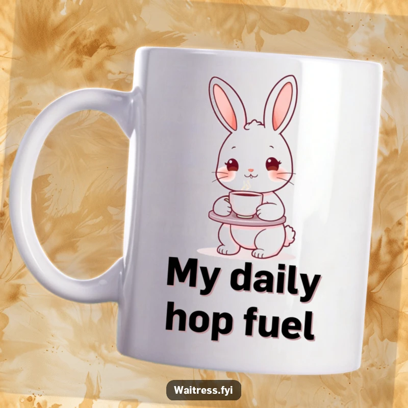 Funny bunny character holding a tea tray with a steaming teacup, offering a warm and inviting beverage, perfect for tea lovers.