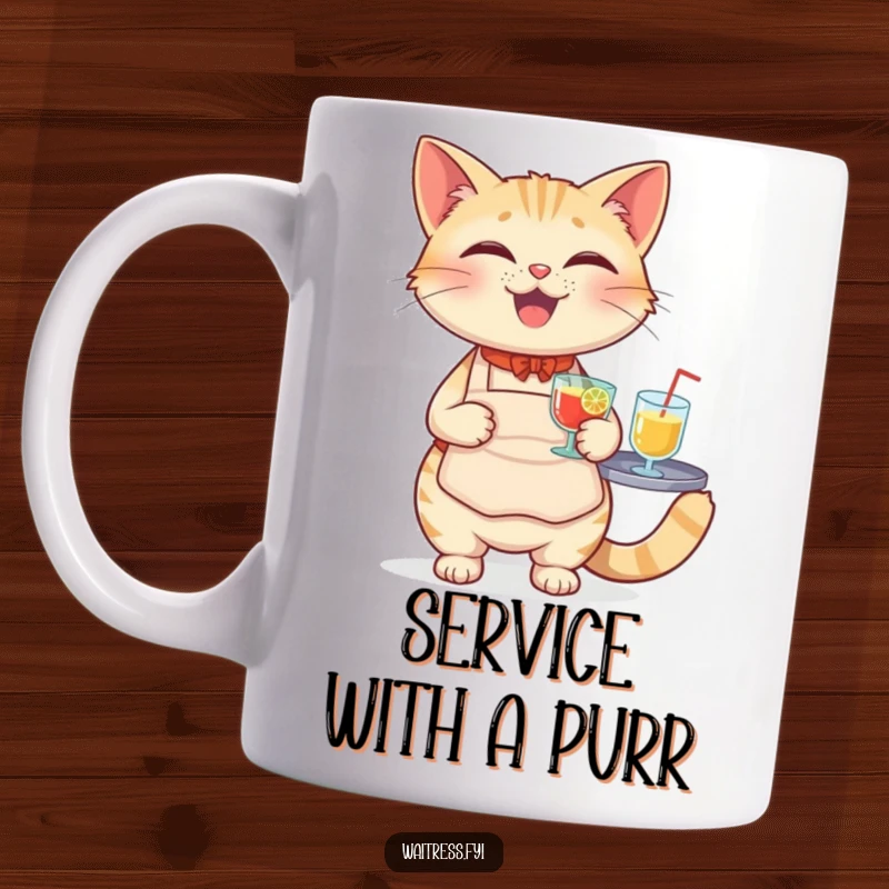 Funny Cat Waiter Mug with a happy cat wearing an apron, balancing a drink tray with a playful expression.