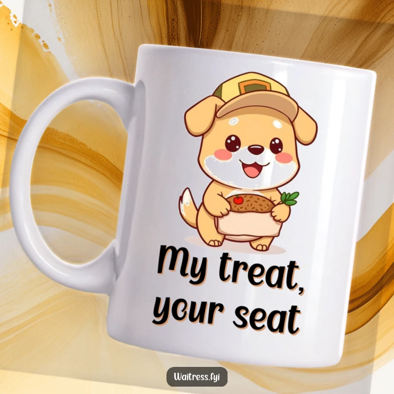 Funny Dog Mug: Cheerful dog in a cap delivering a meal with a big smile, perfect funny gift.