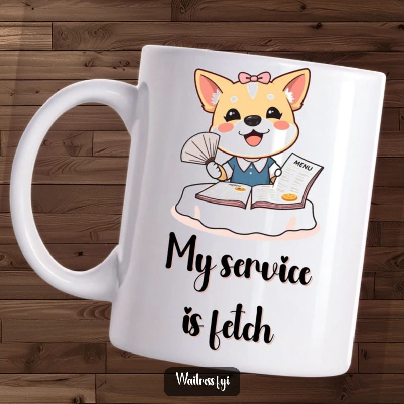 Funny dog waitress mug with a bubbly canine fanning a large menu, showcasing a humorous and energetic service style for coffee lovers.