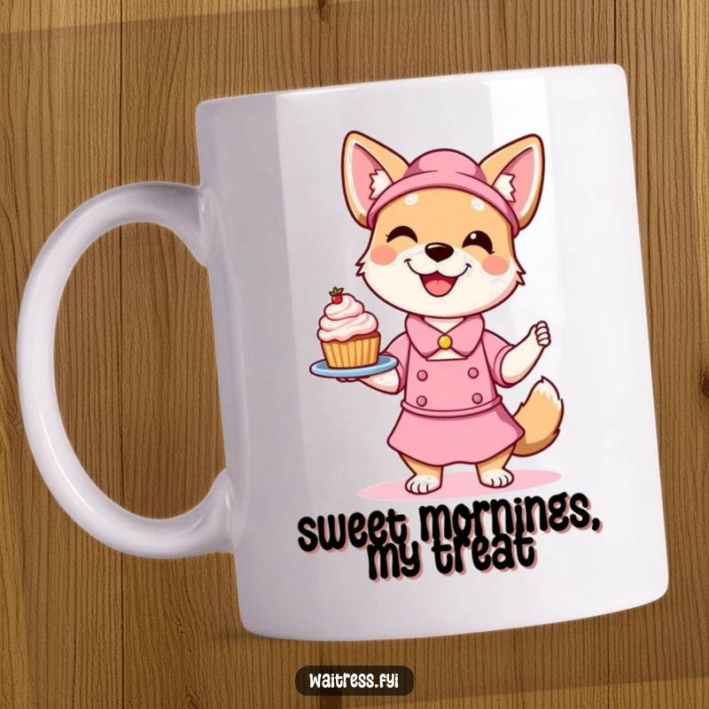 Funny Dog Waitress Mug featuring a smiling dog artistically balancing a delicious dessert with a playful and charming demeanor.