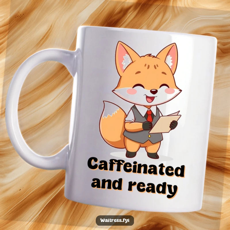 Funny fox waiter mug showing a cheerful fox happily jotting down an order on a notepad, ready to serve.