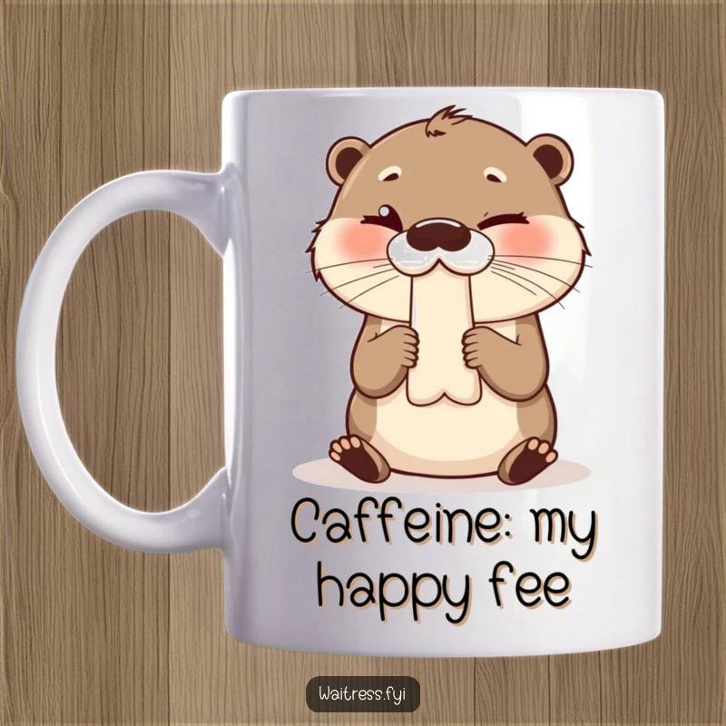 Funny mug featuring a giggling otter playfully presenting a bill with a mischievous wink and a charming smile.