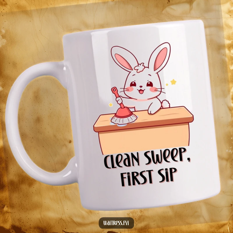 Funny Kawaii Bunny Mug: A cheerful cartoon bunny happily wiping a sparkling table, spreading joy and cleanliness with a cute bounce.