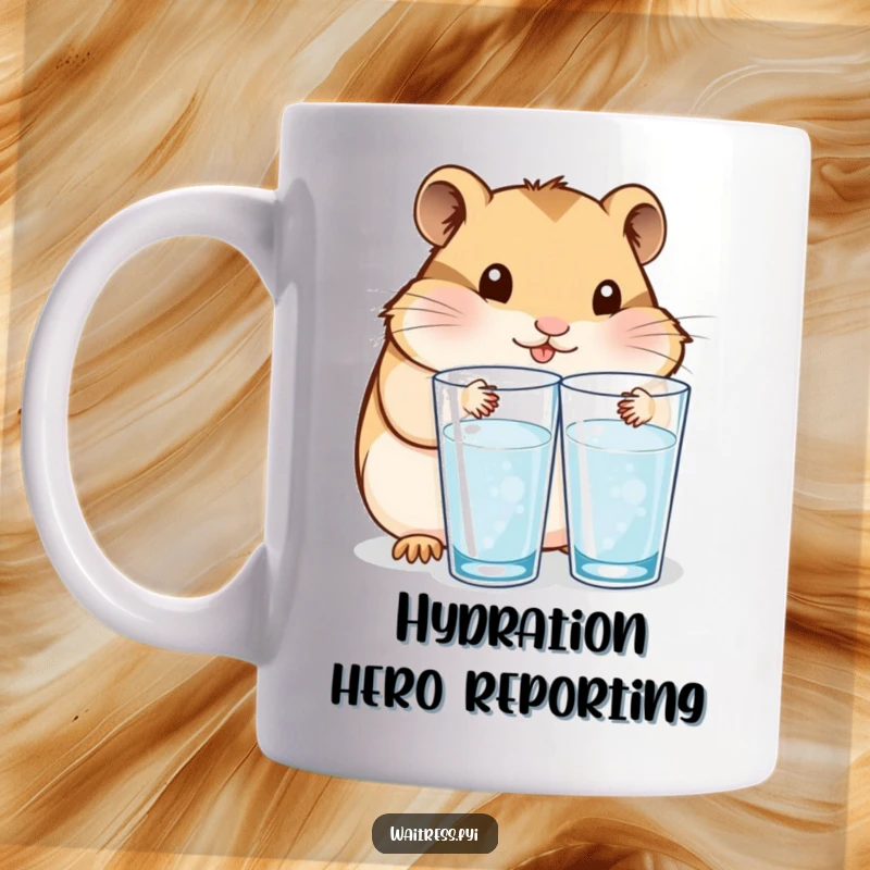 Funny mug showing a content Kawaii hamster carefully refilling water glasses, symbolizing attentive service and gentle care.