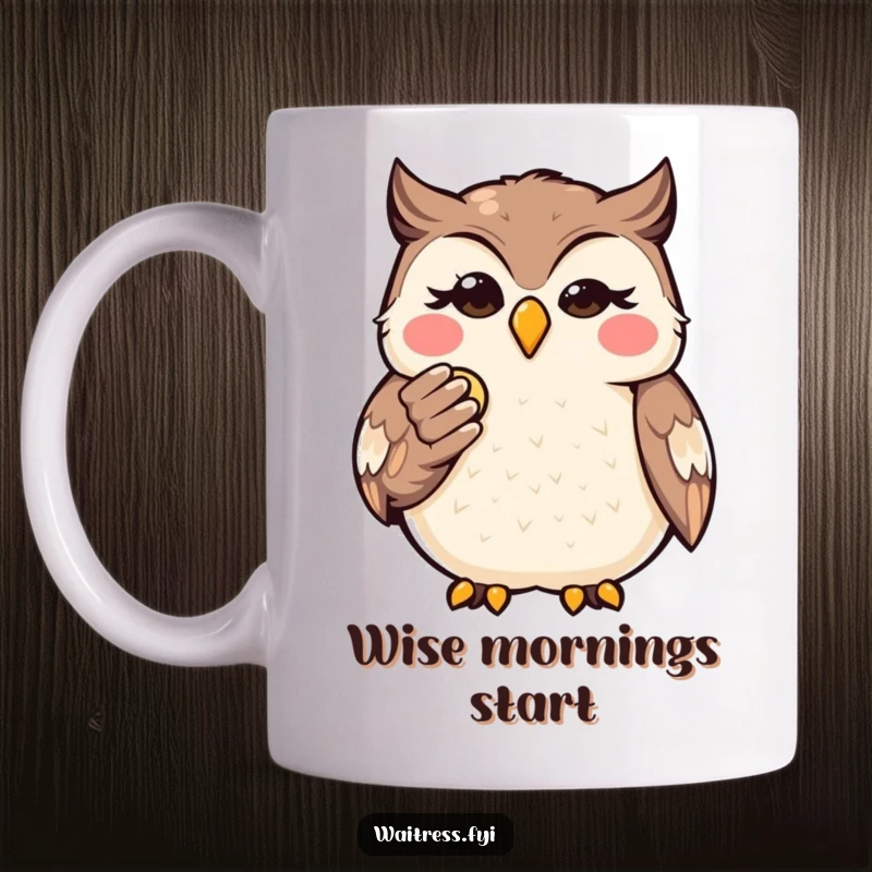 Funny Kawaii Owl Bill Mug: Wise owl presenting a bill with a knowing wink, embodying financial humor and shrewdness.