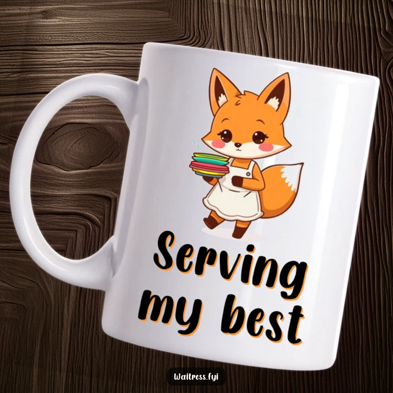 Funny orange fox character with an apron, happily carrying plates, on a mug, a perfect funny serving gift.