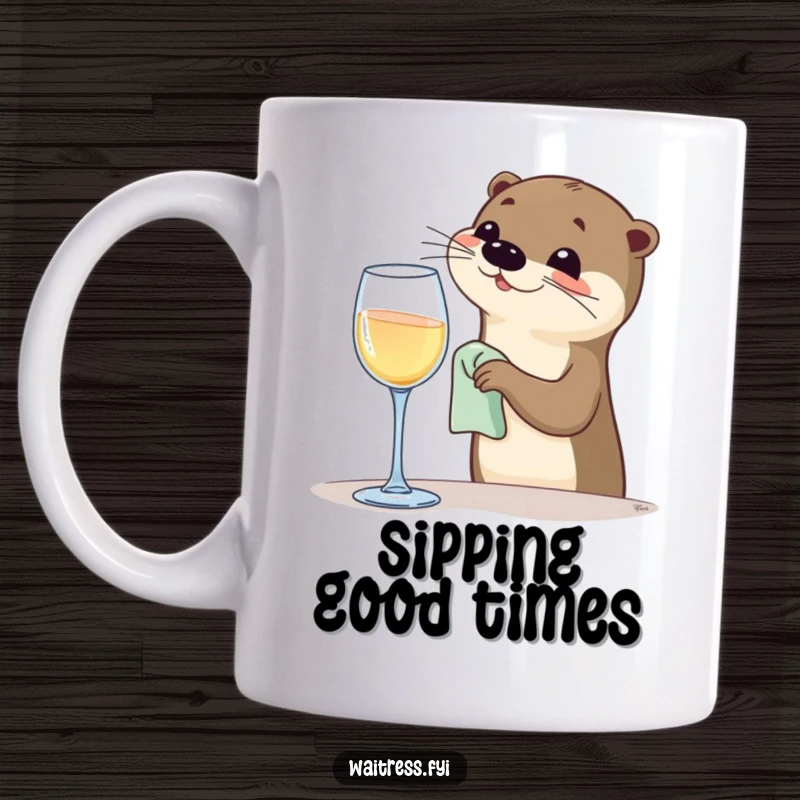 Funny Otter Bartender Mug with a happy otter polishing a wine glass, perfect for drink lovers and as a funny gift.