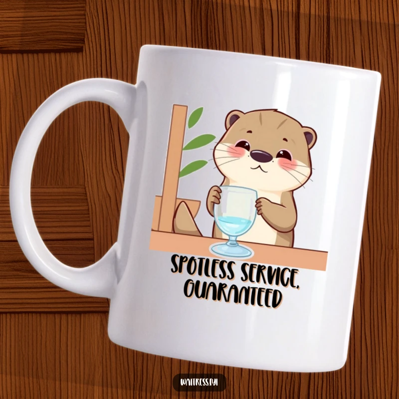 Funny Otter Server Mug: A contented otter meticulously polishes an invisible glass with a happy, satisfied expression, perfect for a chuckle.