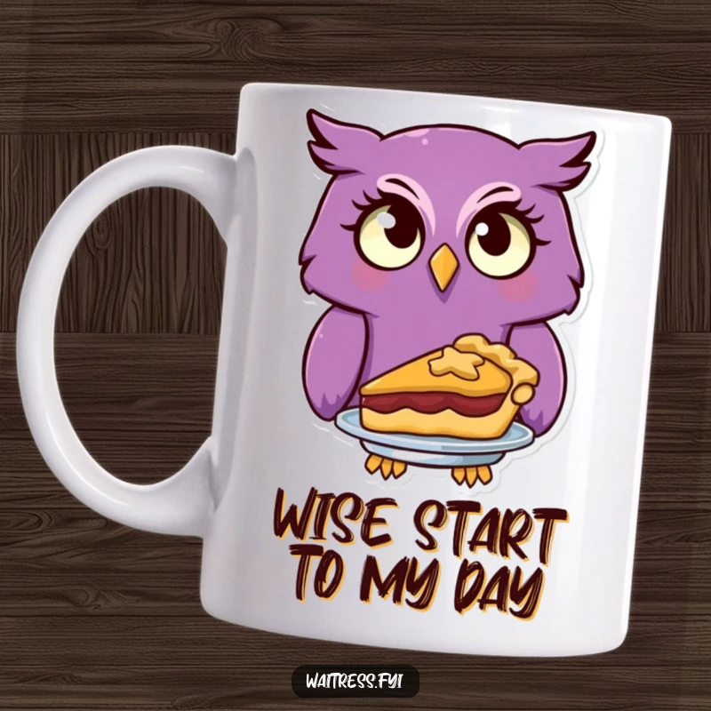 Funny purple owl with a curious look serves a scrumptious pie on this delightful mug.