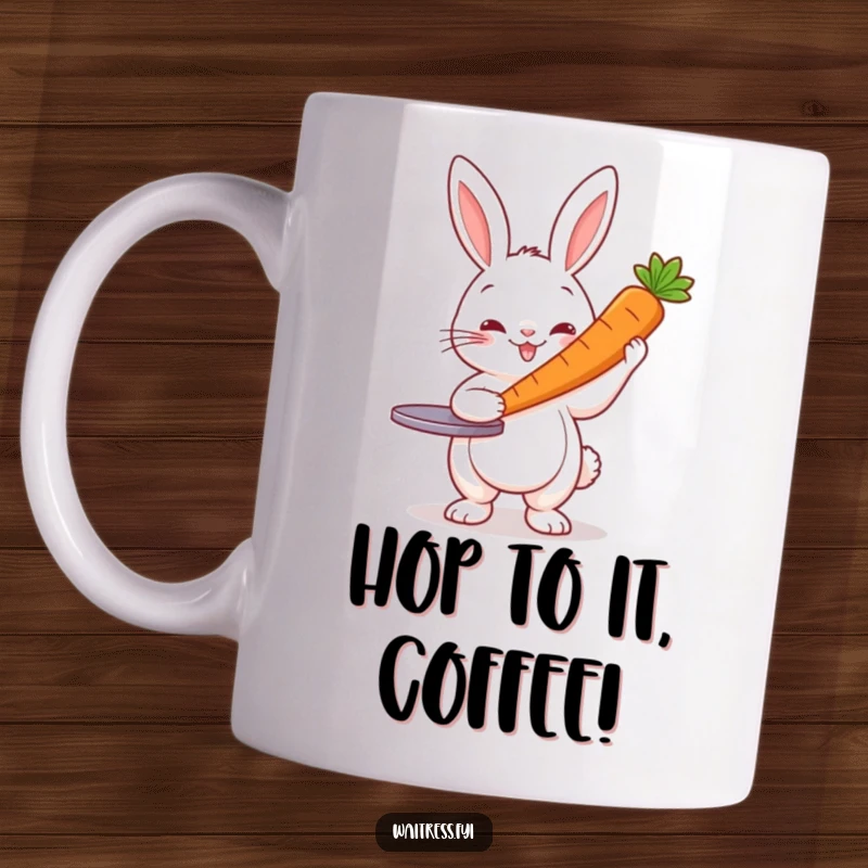 Funny Rabbit Server Mug: Cheerful rabbit wearing server attire presents one perfect carrot, cute and funny gift.
